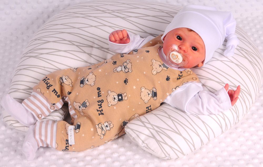 Baby Strampler Socken Mütze Langarmshirt Set 4Tlg in weiß beige mit Bären gesterift