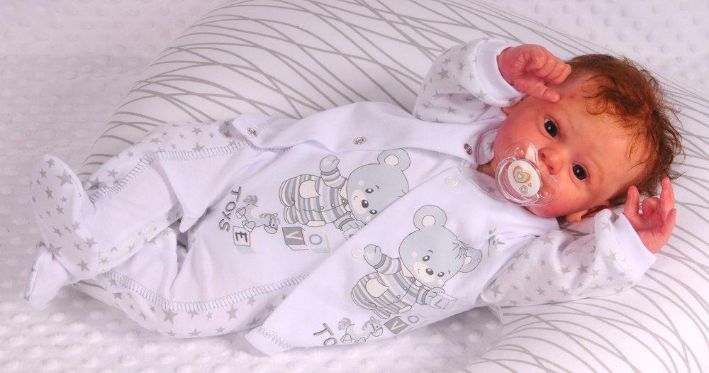 Baby Strampler Hemdchen Mütze Erstlingsset in weiß mit Sternchen und Bären Aufdruck