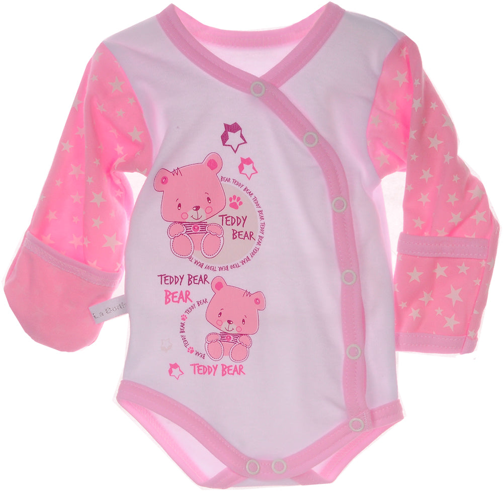 Wickelbody mit Kratzschutz und Strampler Baby Set in Rosa mit Sternchen und Bären