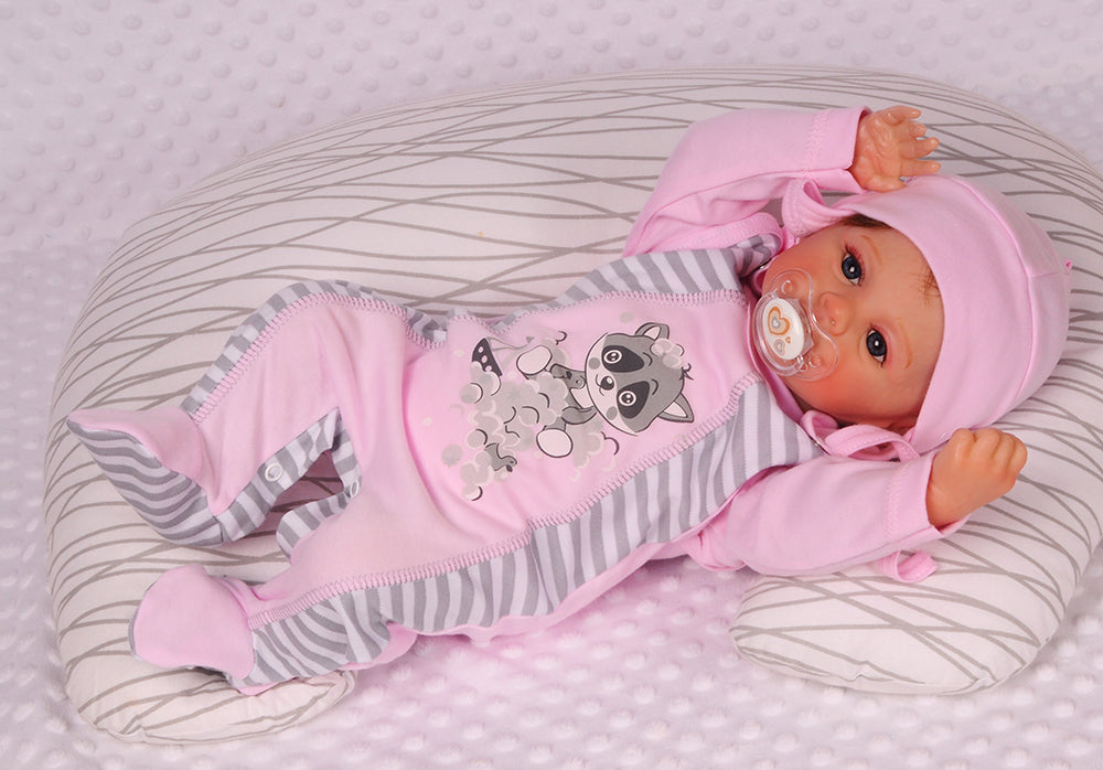 Strampler Mütze und Hemdchen Baby Anzug in Rosa mit Waschbär