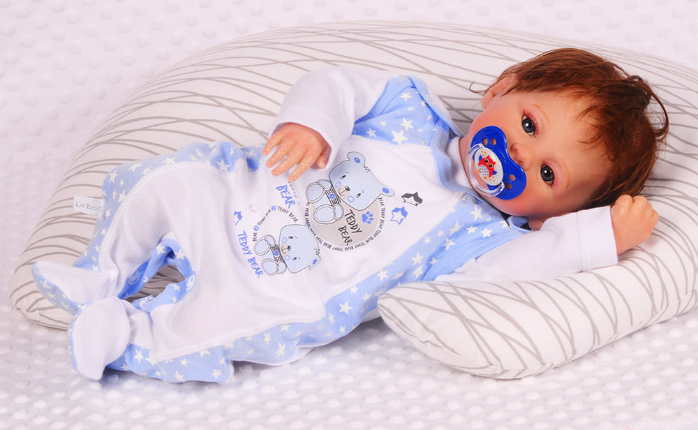 Strampler Mütze und Hemdchen Baby Anzug in Weiß Blau mit Sternchen