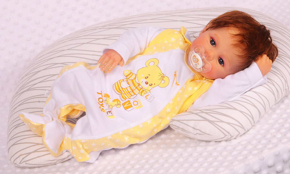Baby Strampler Mütze Hemdchen Erstlingsset in weiß gelb mit Bärchen Aufdruck