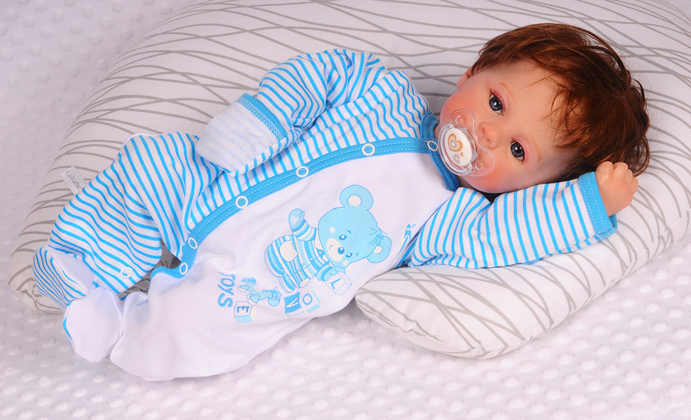 Baby Strampler Overall Schlafanzug in Türkis gestreift mit Bärchen