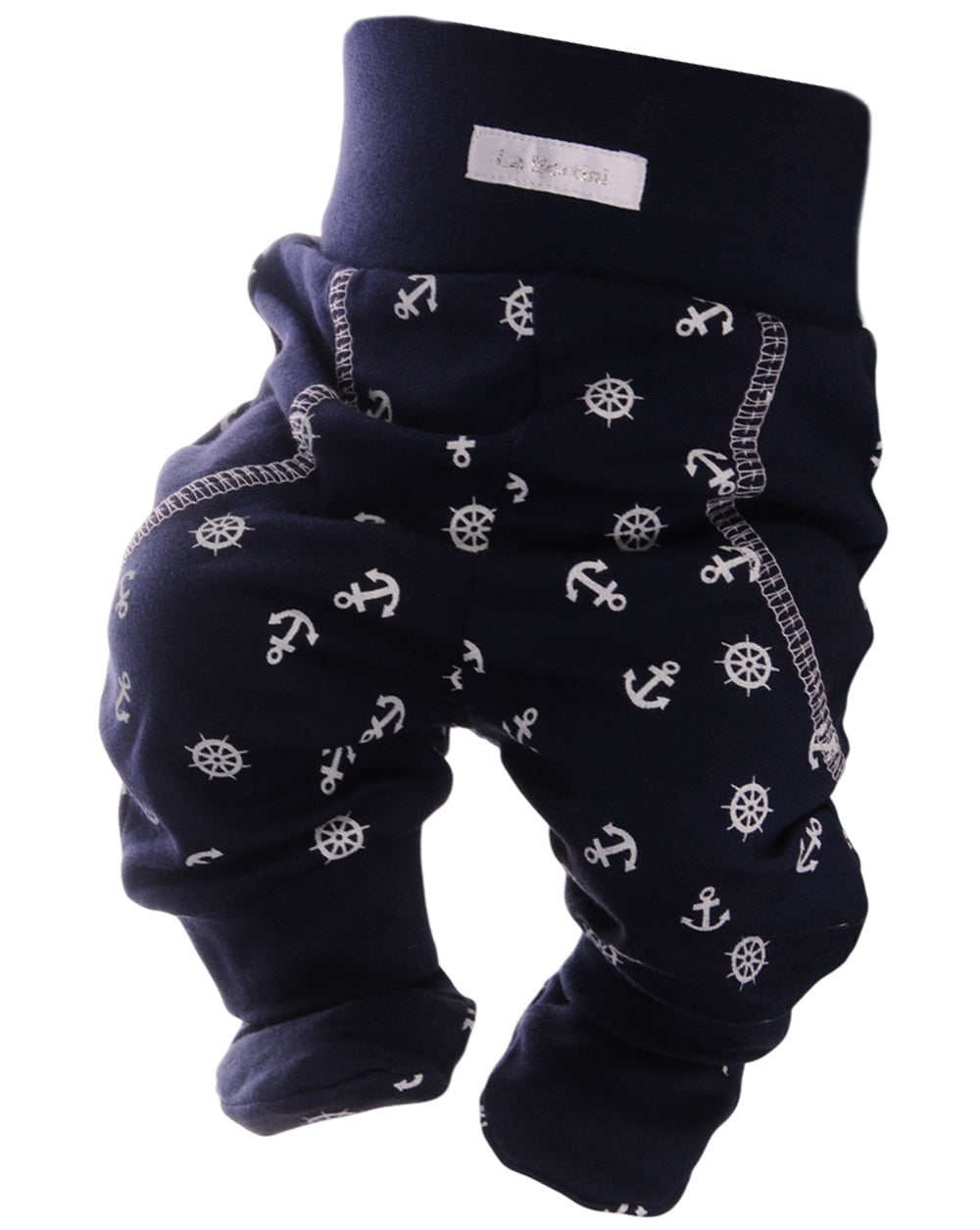 Baby Hose mit Füßchen in Blau mit maritimem Anker gemustert