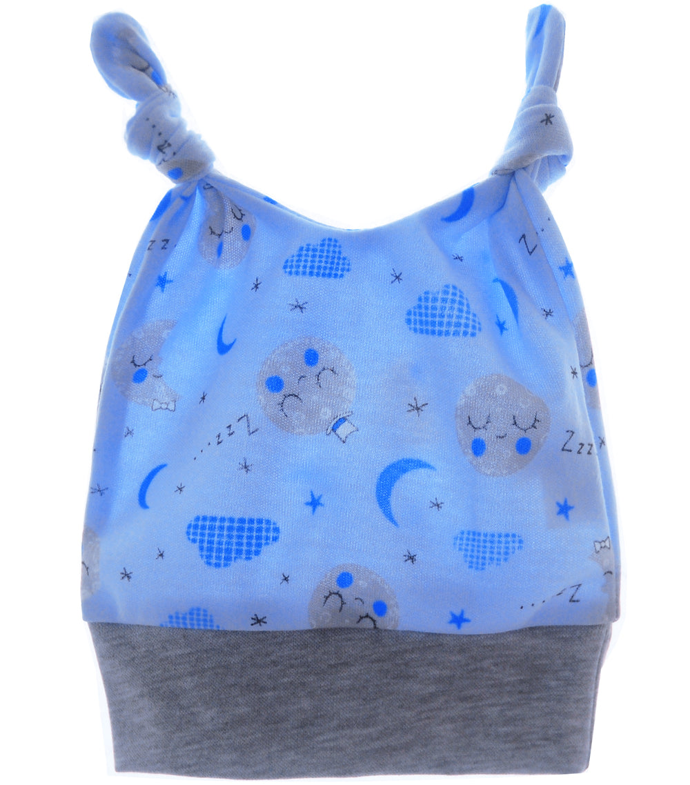 Baby Mütze Knotenmütze in Blau mit Wolkenmuster