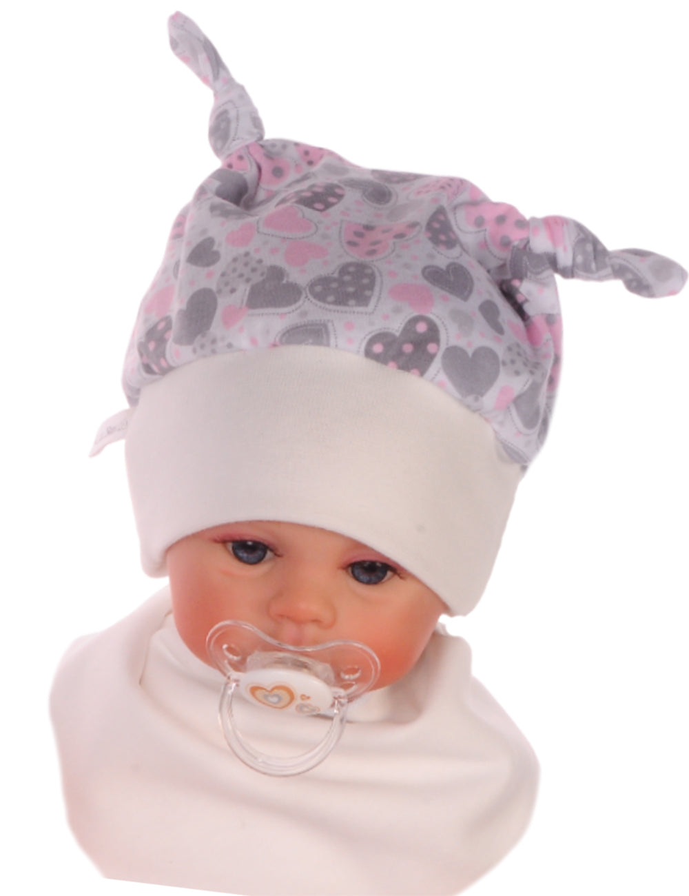 Baby Mütze Knotenmütze in Creme mit Herzen Muster