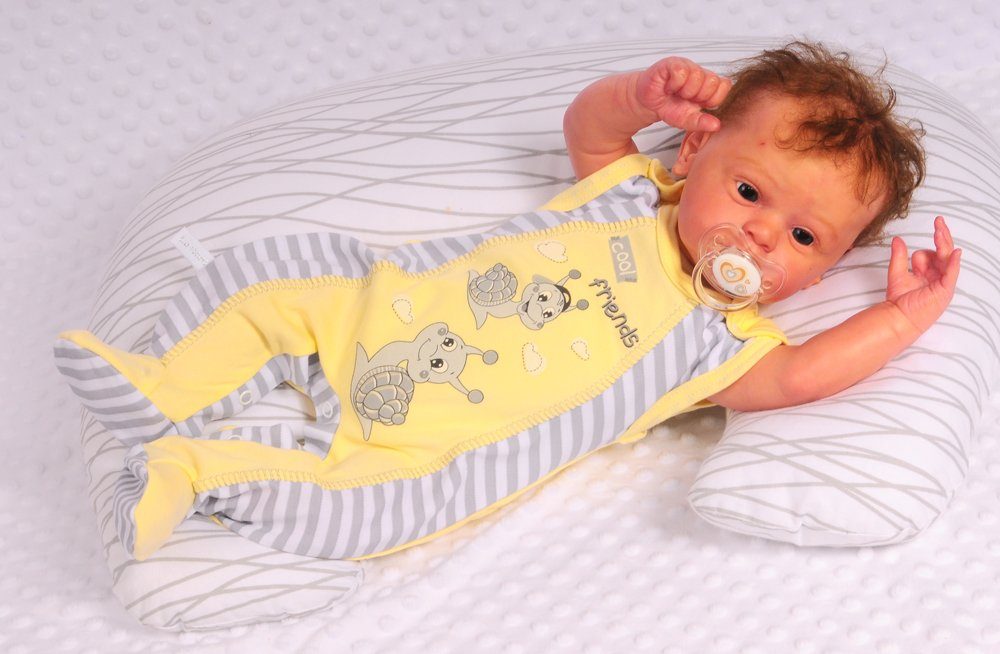 Strampler in Gelb mit Schnecken Aufdruck gestreift