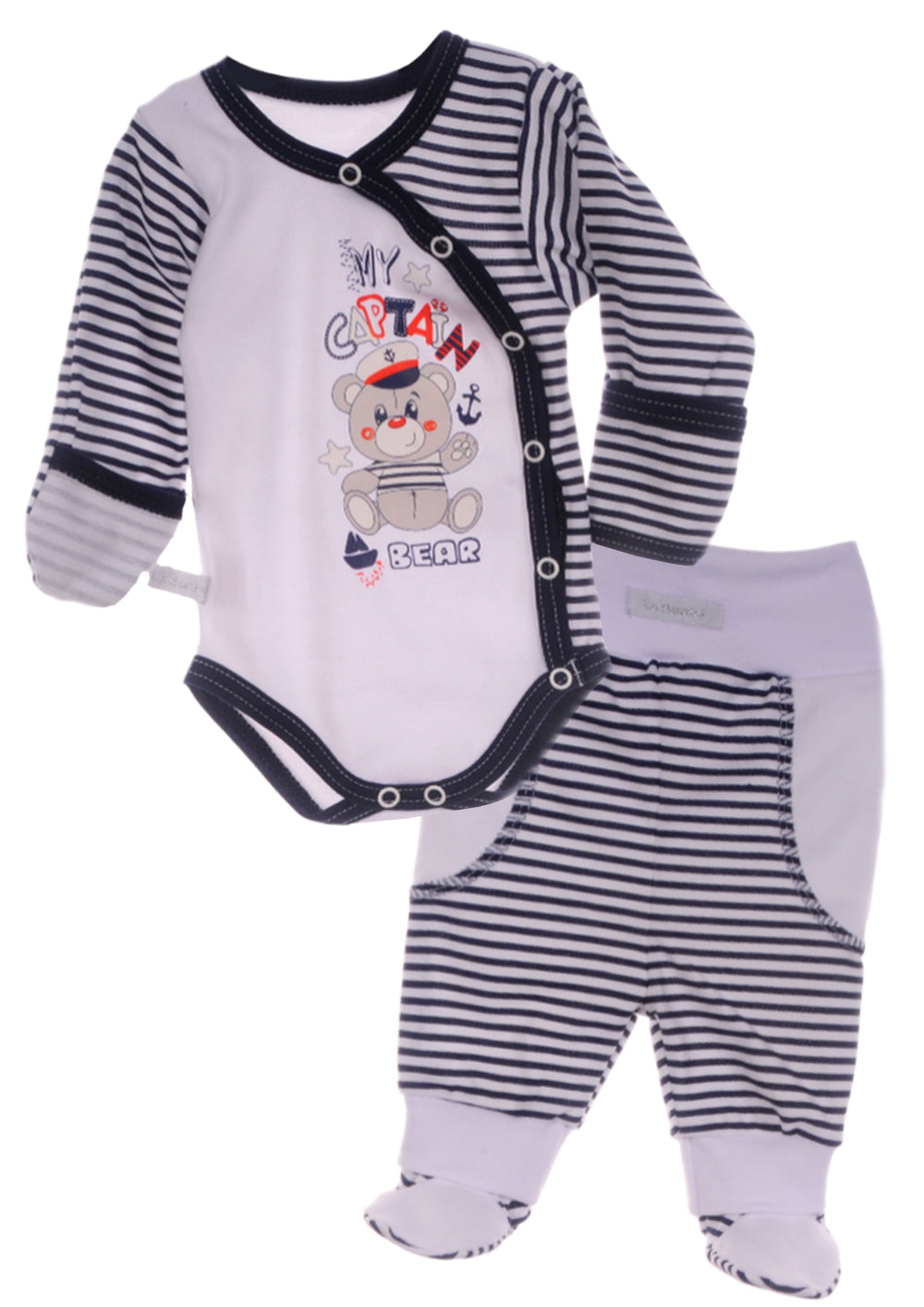 Body und Hose Baby Anzug in Blau weiß gestreift mit Bär