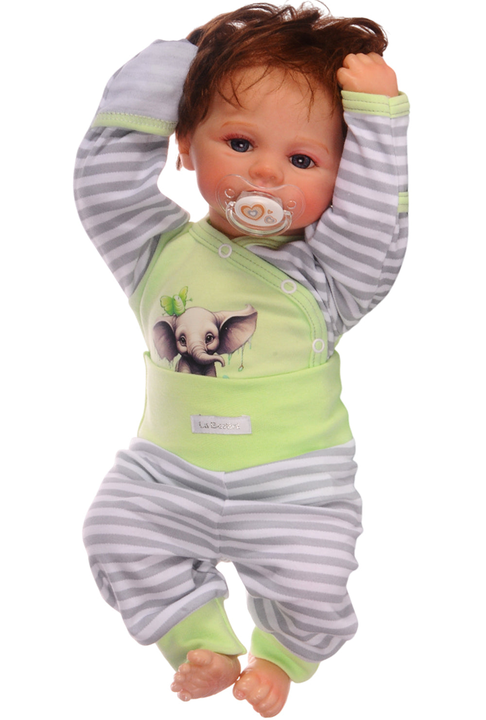 Baby Anzug Wickelbody Hose Mütze in Grün mit Elefanten Aufdruck