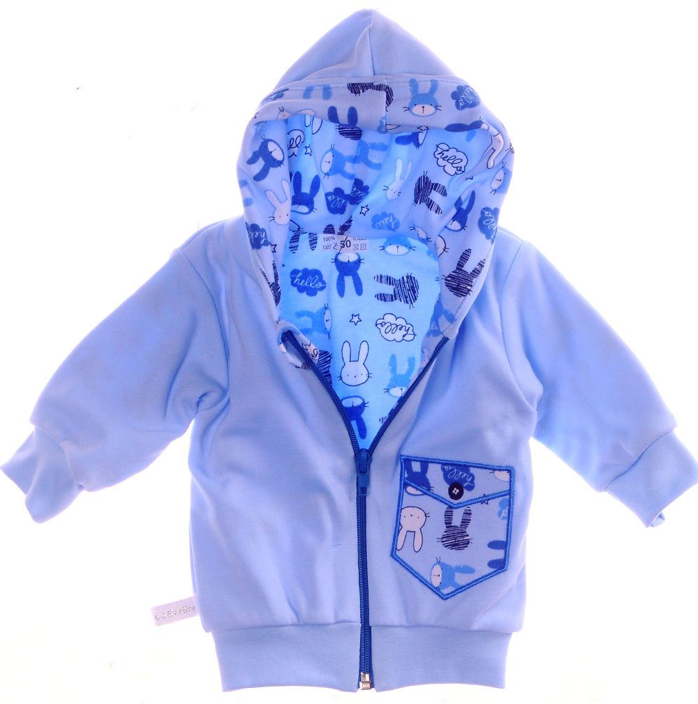 Baby Jacke Swetjacke mit Kapuze in Blau mit Hasenmuster