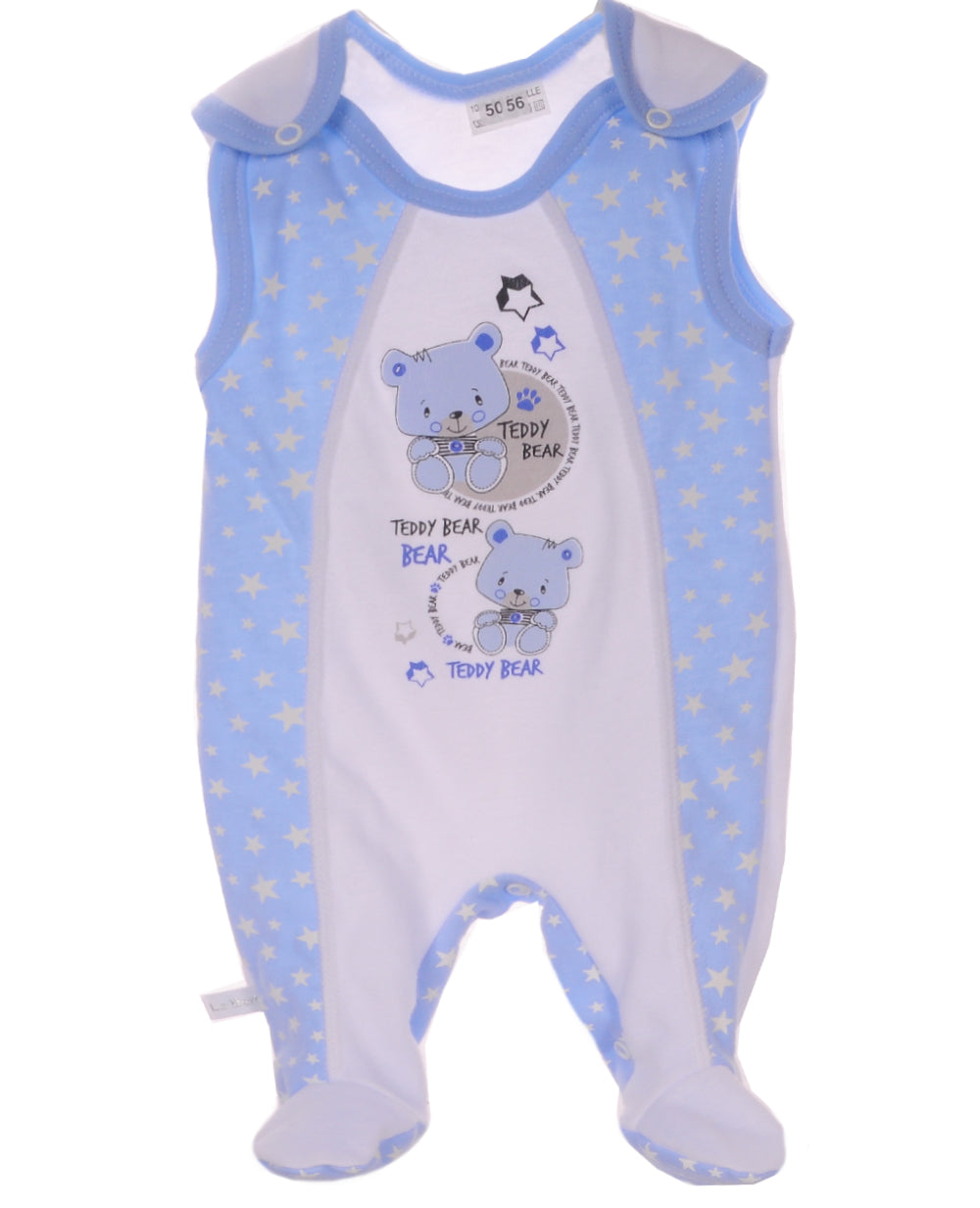 Baby Strampler in Weiß Blau mit Sternen und Bärchen Aufdruck