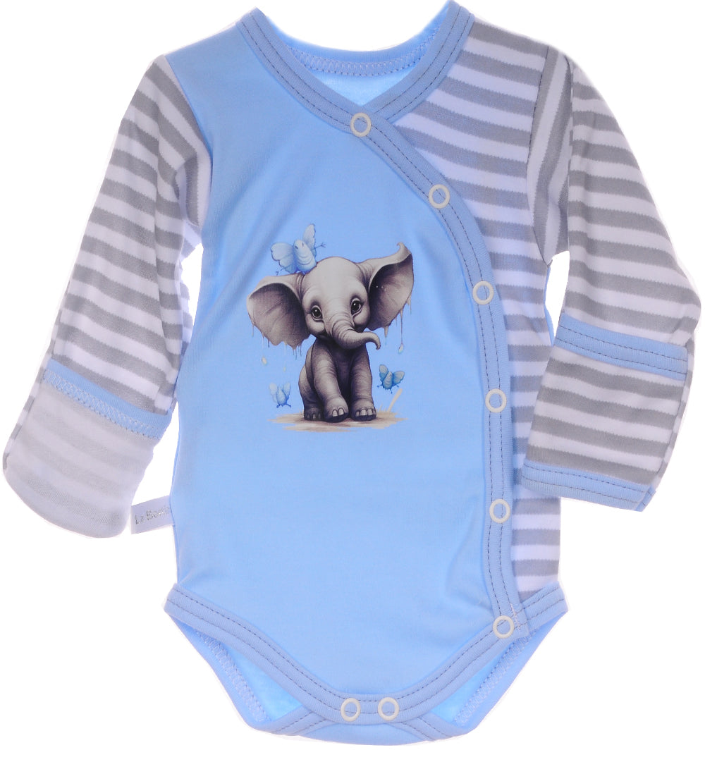 Baby Body Wickelbody langarm mit Kratzschutz in Blau mit Elefanten Aufdruck