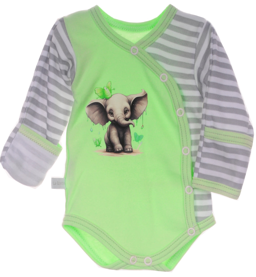 Baby Anzug Wickelbody Hose Mütze in Grün mit Elefanten Aufdruck