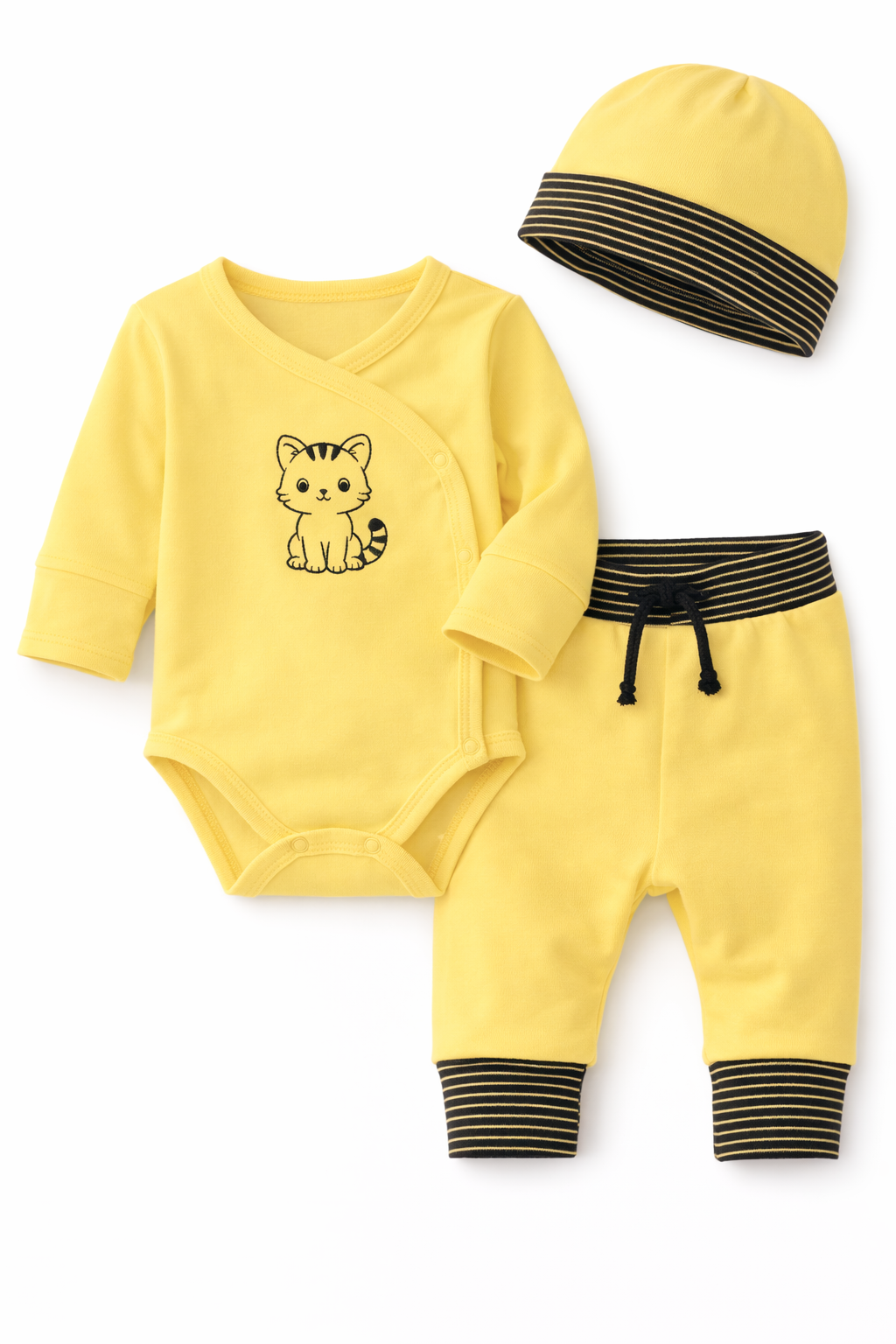 Baby Anzug 3-teilig Wickelbody Mitwachshose Mütze Set in Gelb