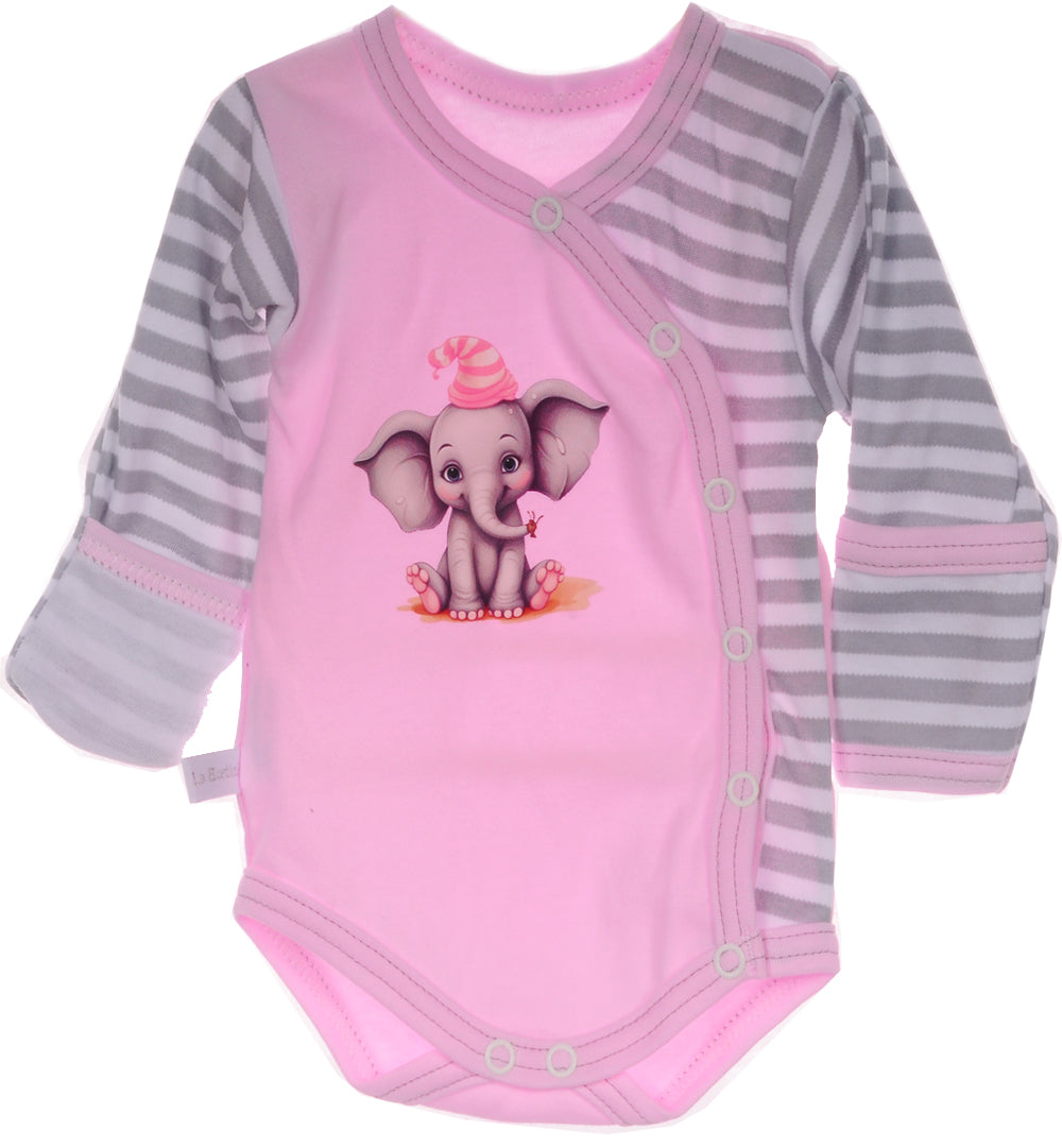 Baby Anzug Wickelbody Hose Mütze in Rosa mit Elefanten Aufdruck