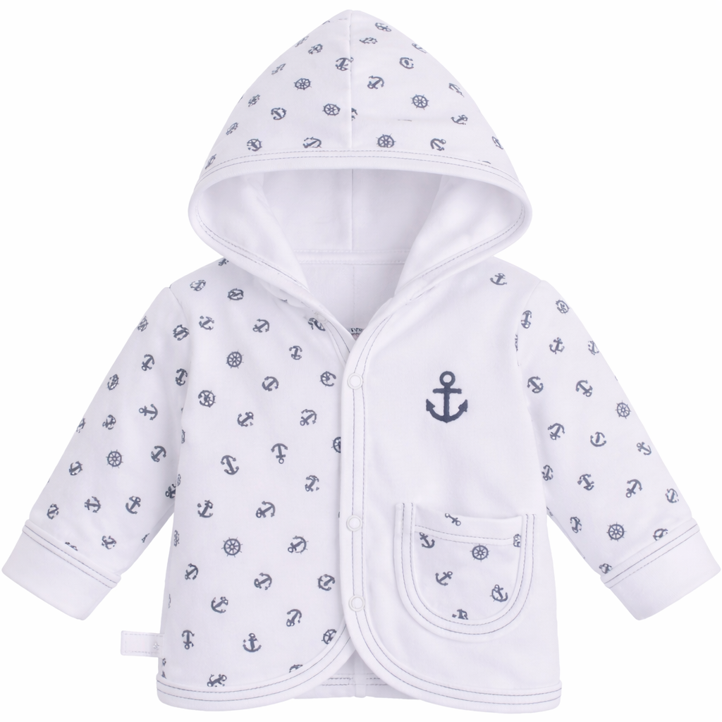 Baby Jacke Swetjacke mit Kapuze in Weiß Blau mit Anker