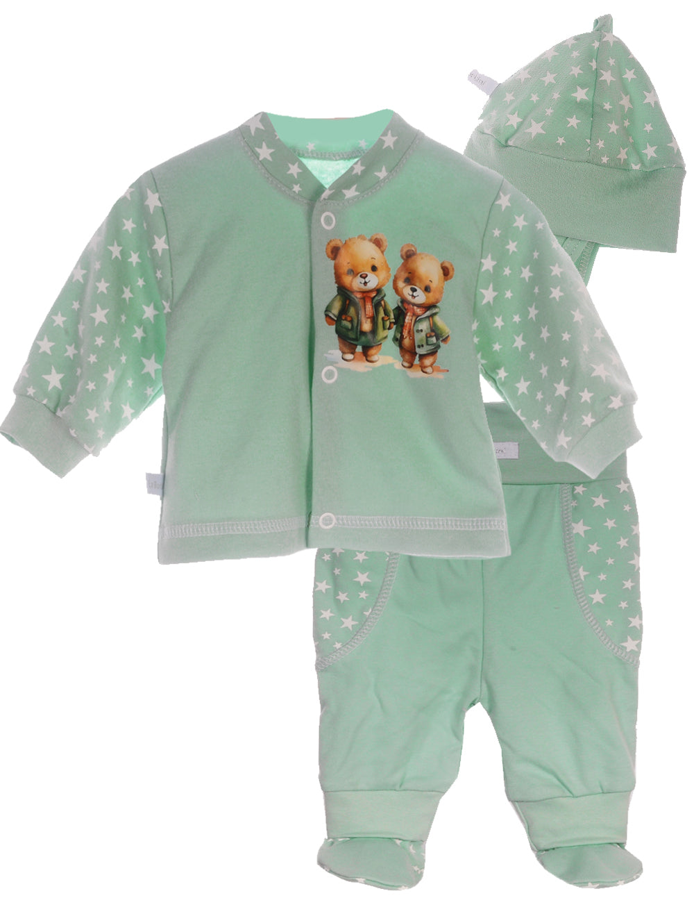 Baby Anzug Hemdchen Mütze Hose mit Fuß in Mintgrün mit Bären