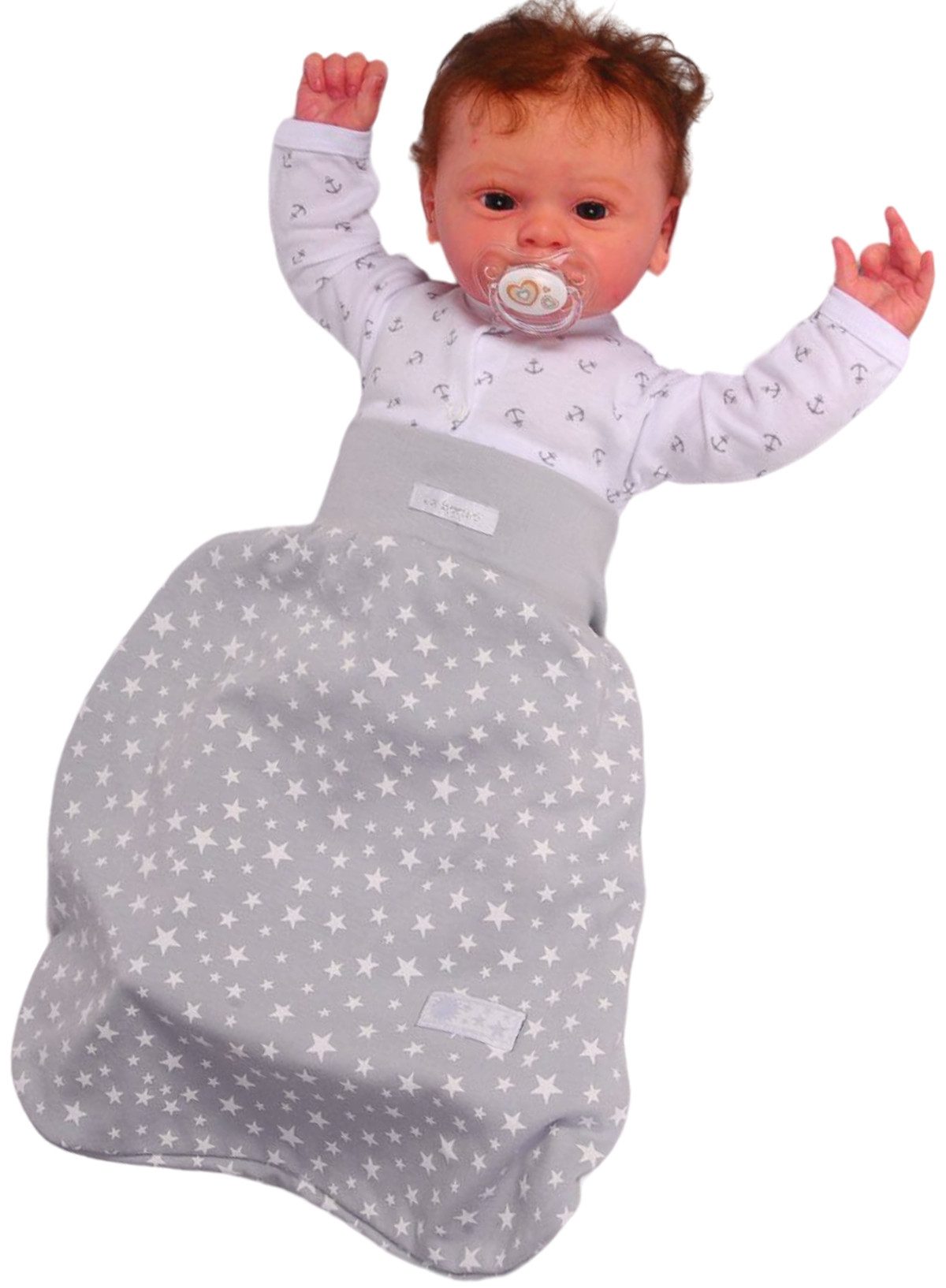 Baby Pucksack Fußsack für Sommer Frühjahr Stramplersack einlagig in Grau mit Sternen
