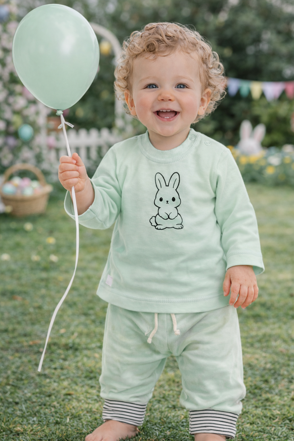 Baby Anzug Langarmshirt und Mitwachshose in Mintgrün mit Hasen