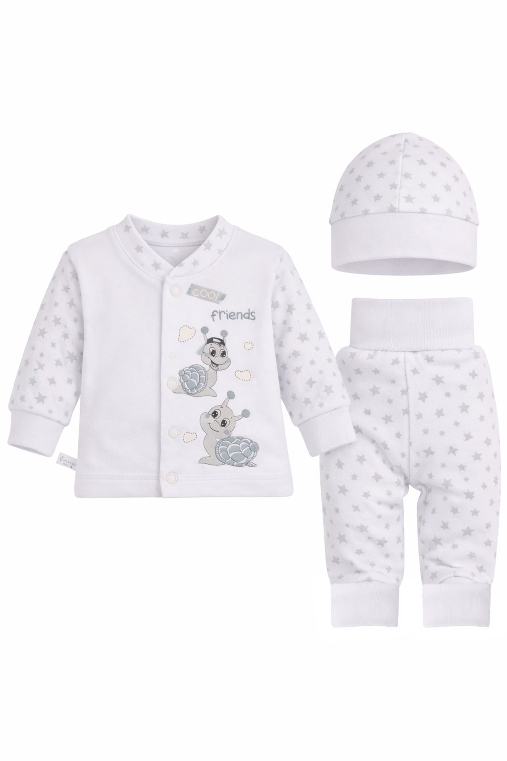 Baby Anzug 3-teilig Hemdchen Hose Mütze in Weiß mit Schnecken