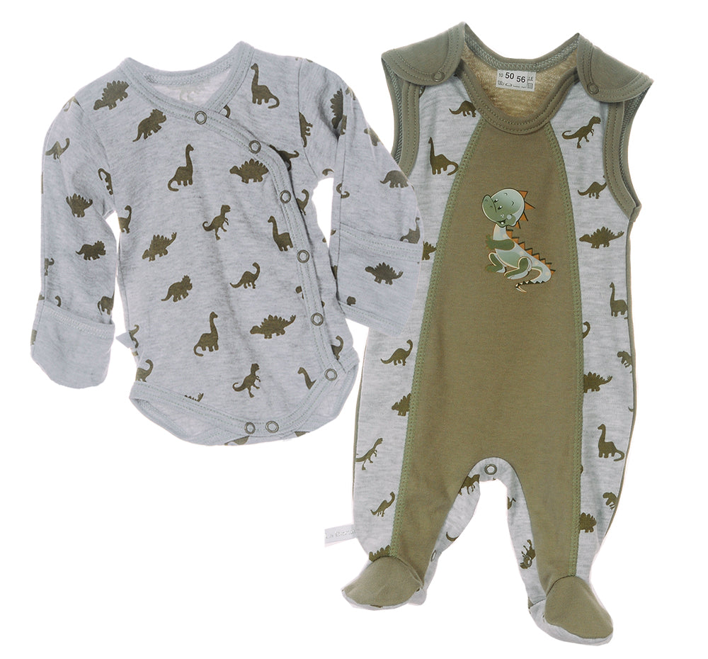 Wickelbody und Strampler Baby Set 2Tlg in Grau Khaki mit Dinos Muster