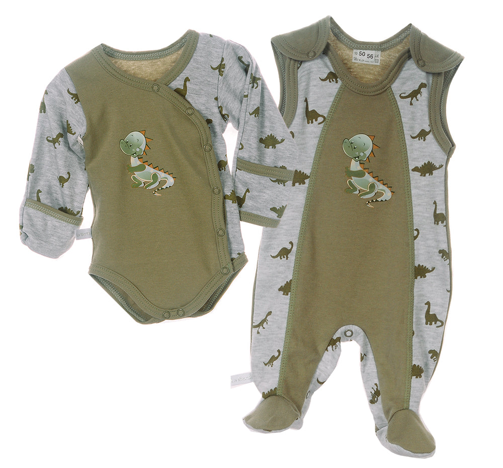 Wickelbody und Strampler Baby Set 2Tlg in Khaki mit Dinos Muster