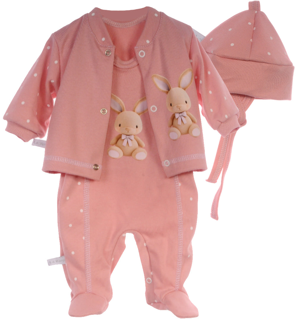Strampler Mütze und Hemdchen Baby Anzug in Puderrosa mit Hasen Aufdruck