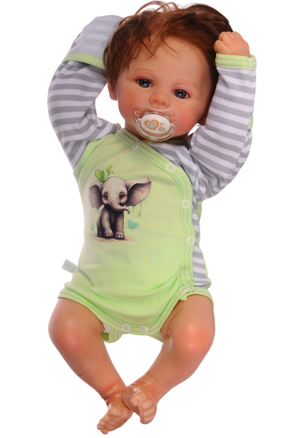 Baby Anzug Wickelbody Hose Mütze in Grün mit Elefanten Aufdruck