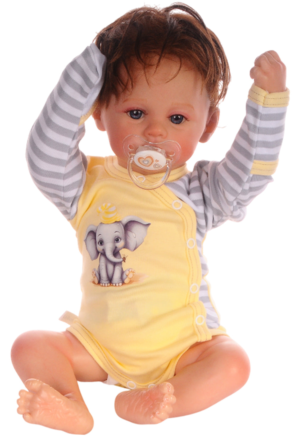 Baby Anzug Wickelbody Hose Mütze in Gelb mit Elefanten Aufdruck
