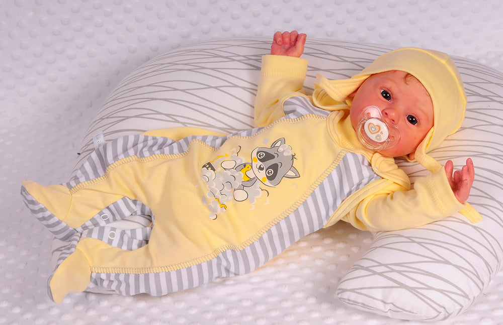 Strampler Mütze und Hemdchen Baby Anzug 3Tlg in Gelb mit Waschbär, gestreift