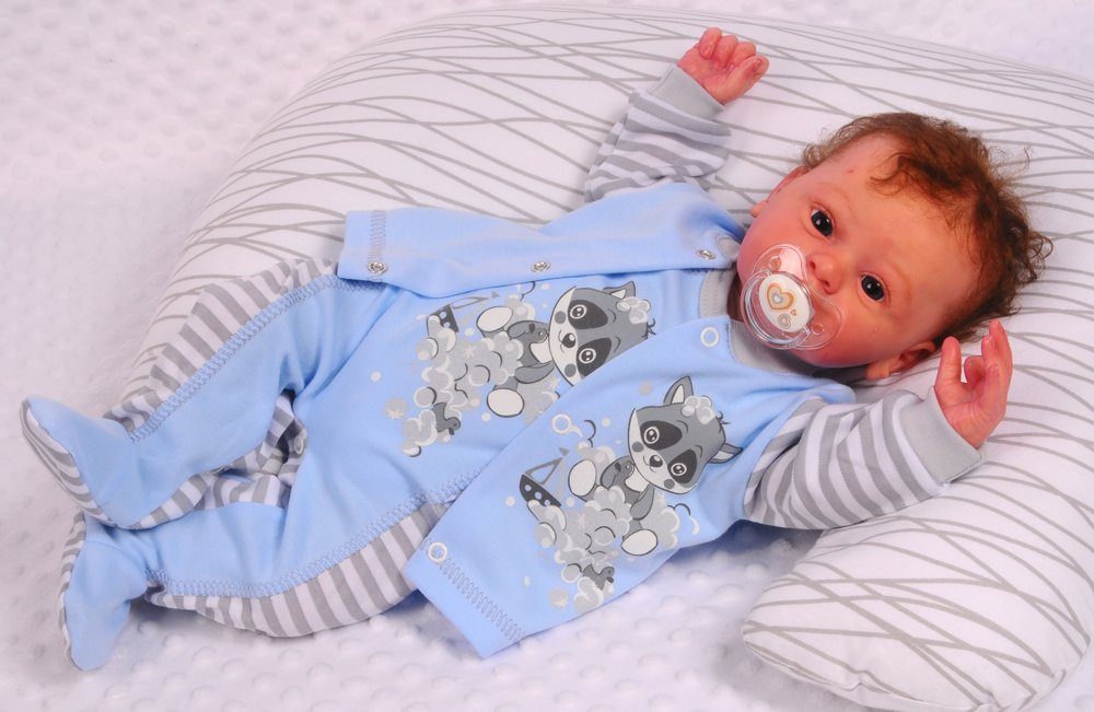 Erstlingsset Strampler Mütze Hemdchen Baby Anzug in Blau mit Waschbär Aufdruck