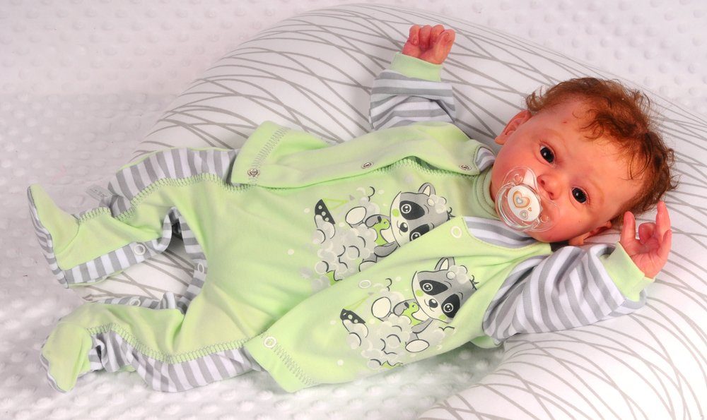 Strampler Mütze und Hemdchen Baby Anzug in Grün mit Waschbär