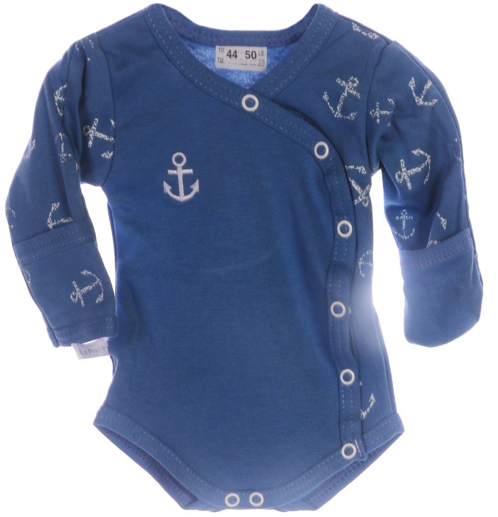 Baby Body Wickelbody mit Kratzschutz in Blau mit Anker Langarmbody