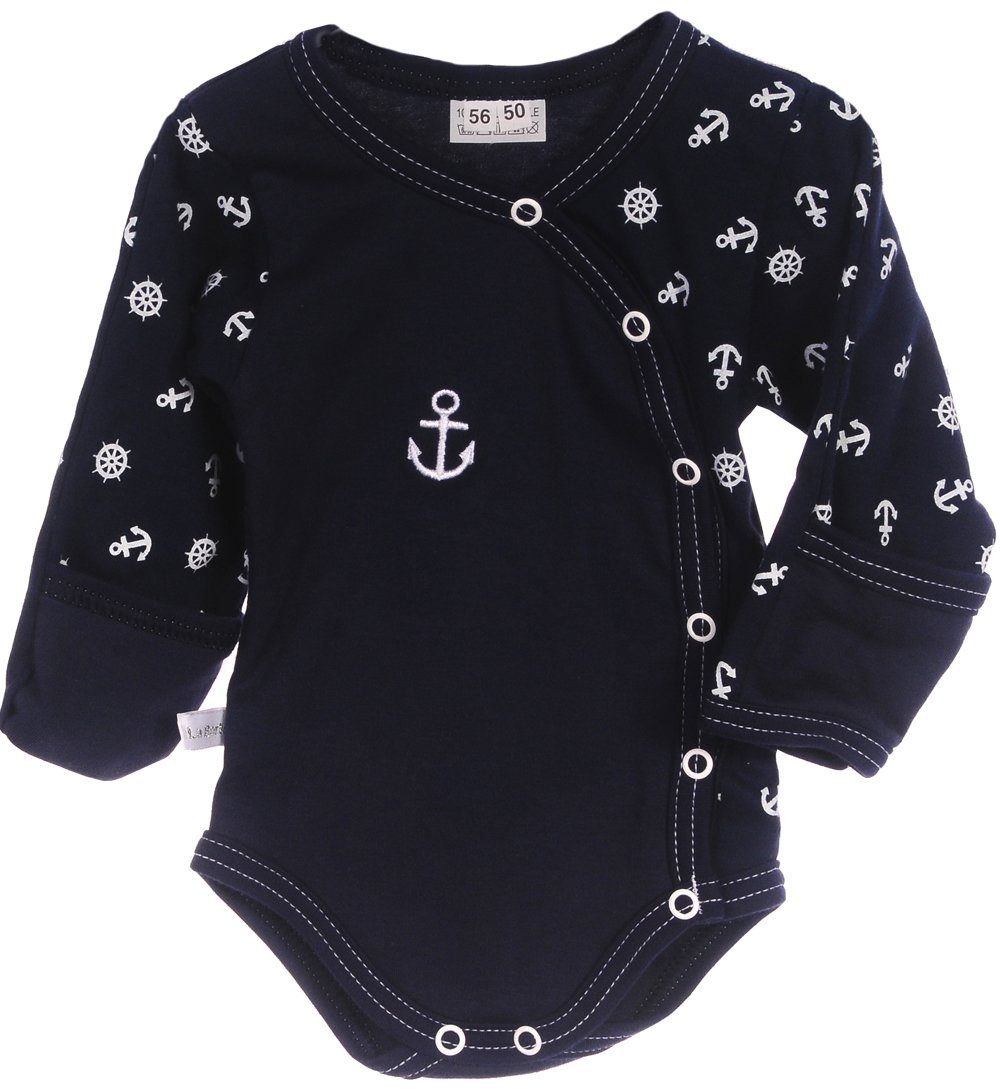 Baby Body Wickelbody mit Kratzschutz in Blau mit Anker Langarmbody