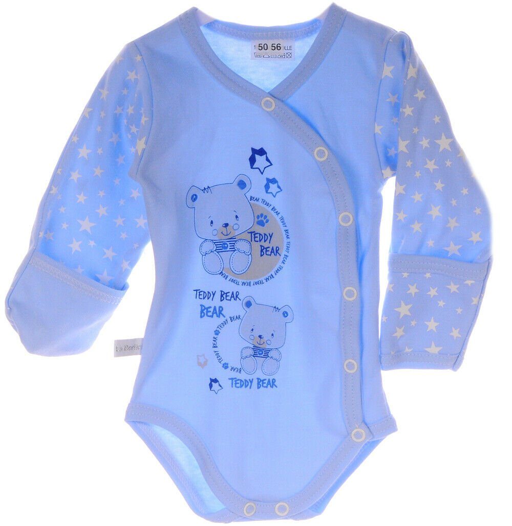 Body im Wickelschnitt in Blau mit Sternchen Muster und Bärene Aufdruck
