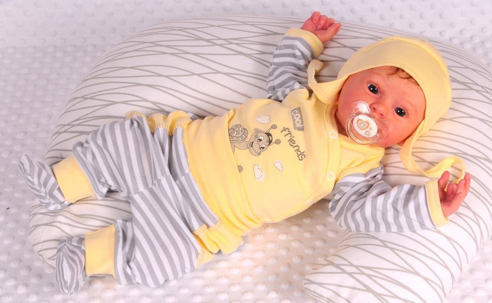 Body Hose und Mütze 3Tlg Baby Anzug in Gelb gestreift mit Schnecken