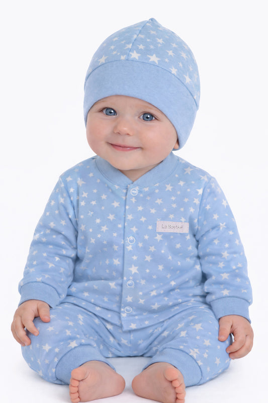 Baby Anzug 3-teilig Hemdchen Hose Mütze in Blau mit Sternen