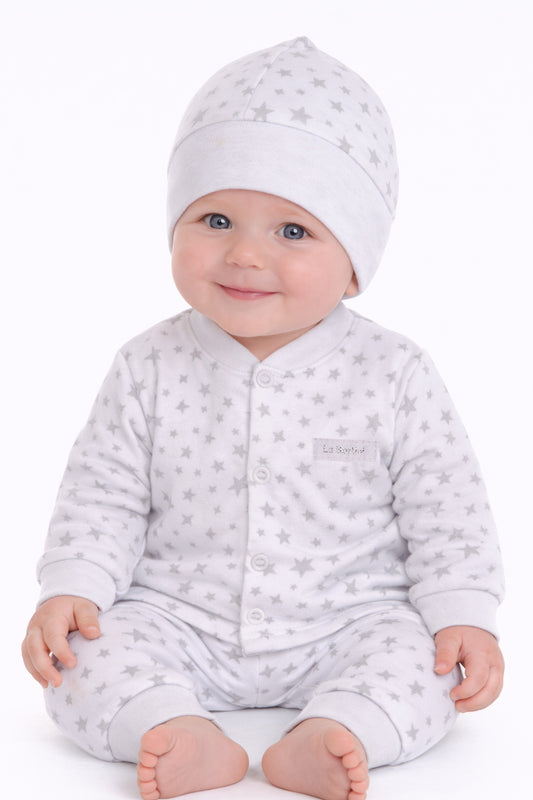 Baby Anzug 3-teilig Hemdchen Hose Mütze in Weiß mit Sternen