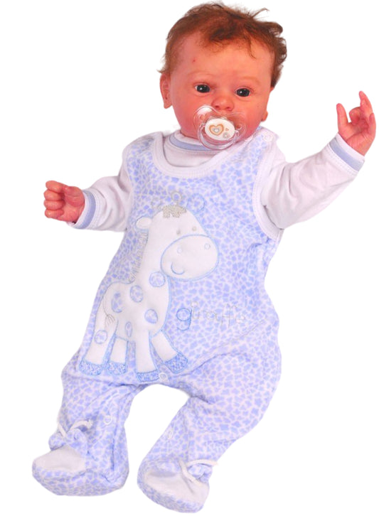 Strampler und Shirt Baby Anzug aus Velours in Blau mit Giraffen