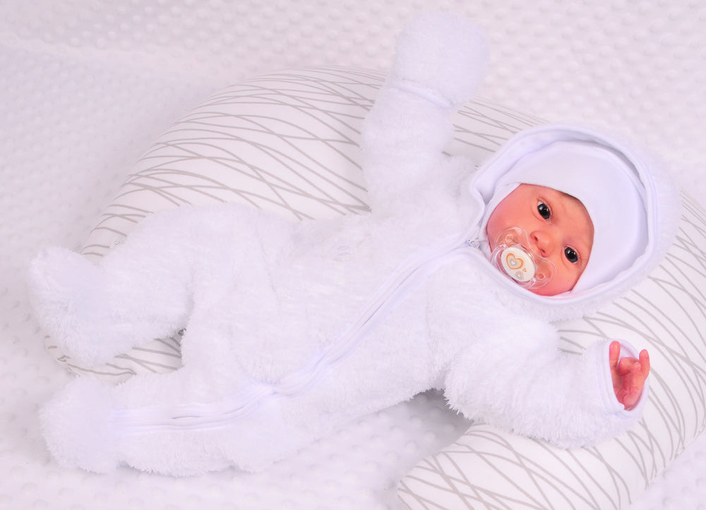 Baby Overall in Weiß Fleece Wagenanzug in Weiß mit Schnecken Übergangsoverall