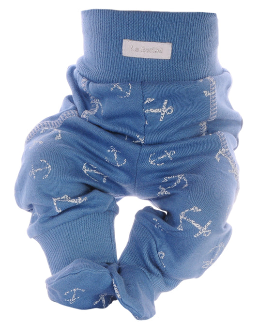 Baby Hose mit Füßchen in Blau mit maritimem Muster