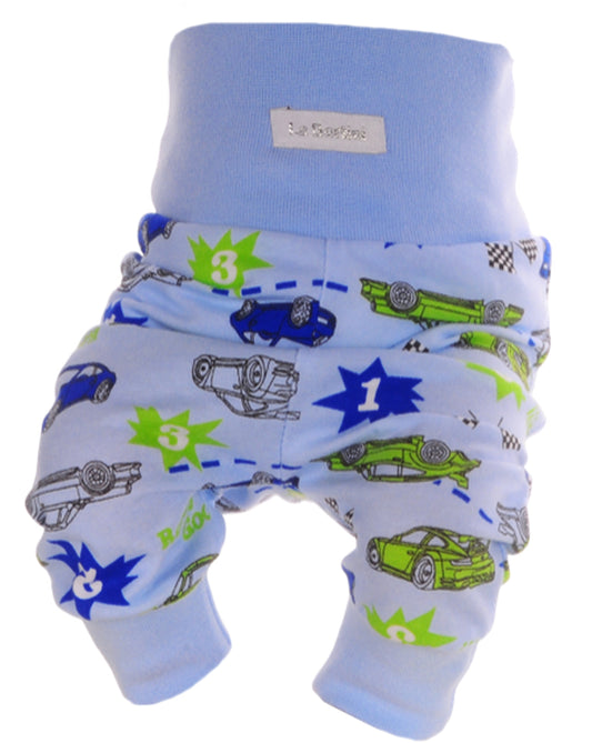 Baby Hose mit Füßchen in Blau mit Autos Muster