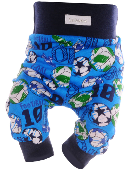 Baby Hose mit Füßchen in Blau mit Bällen Muster