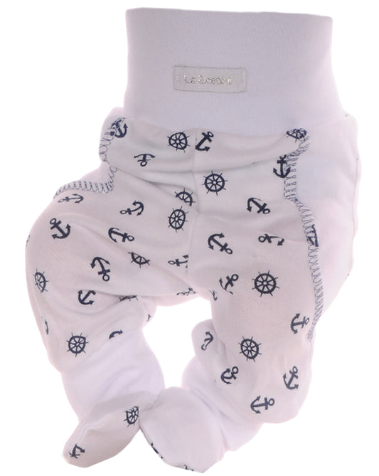 Baby Hose mit Füßchen in Weiß mit maritimem Anker Muster