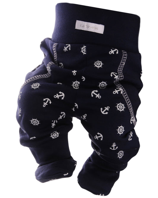 Baby Hose mit Füßchen in Blau mit maritimem Anker gemustert