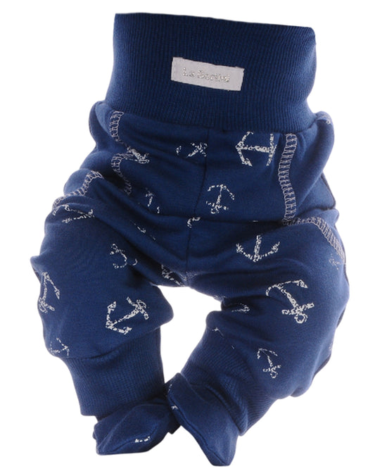 Baby Hose mit Füßchen in Blau mit maritimem Anker Muster