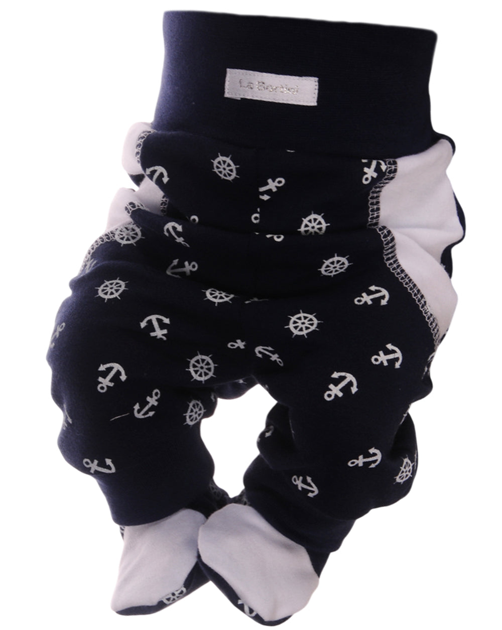 Baby Hose mit Füßchen in Blau mit maritimem Anker Muster