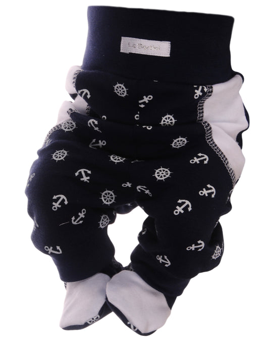 Baby Hose mit Füßchen in Blau mit maritimem Anker Muster