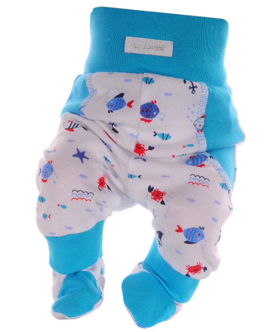 Baby Hose mit Füßchen in Türkis mit maritimem Muster