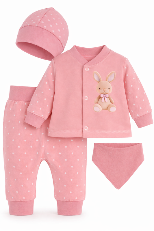 Baby Anzug 4-teilig Hemdchen Hose Mütze Dreieckstuch in Altrosa mit Hasen